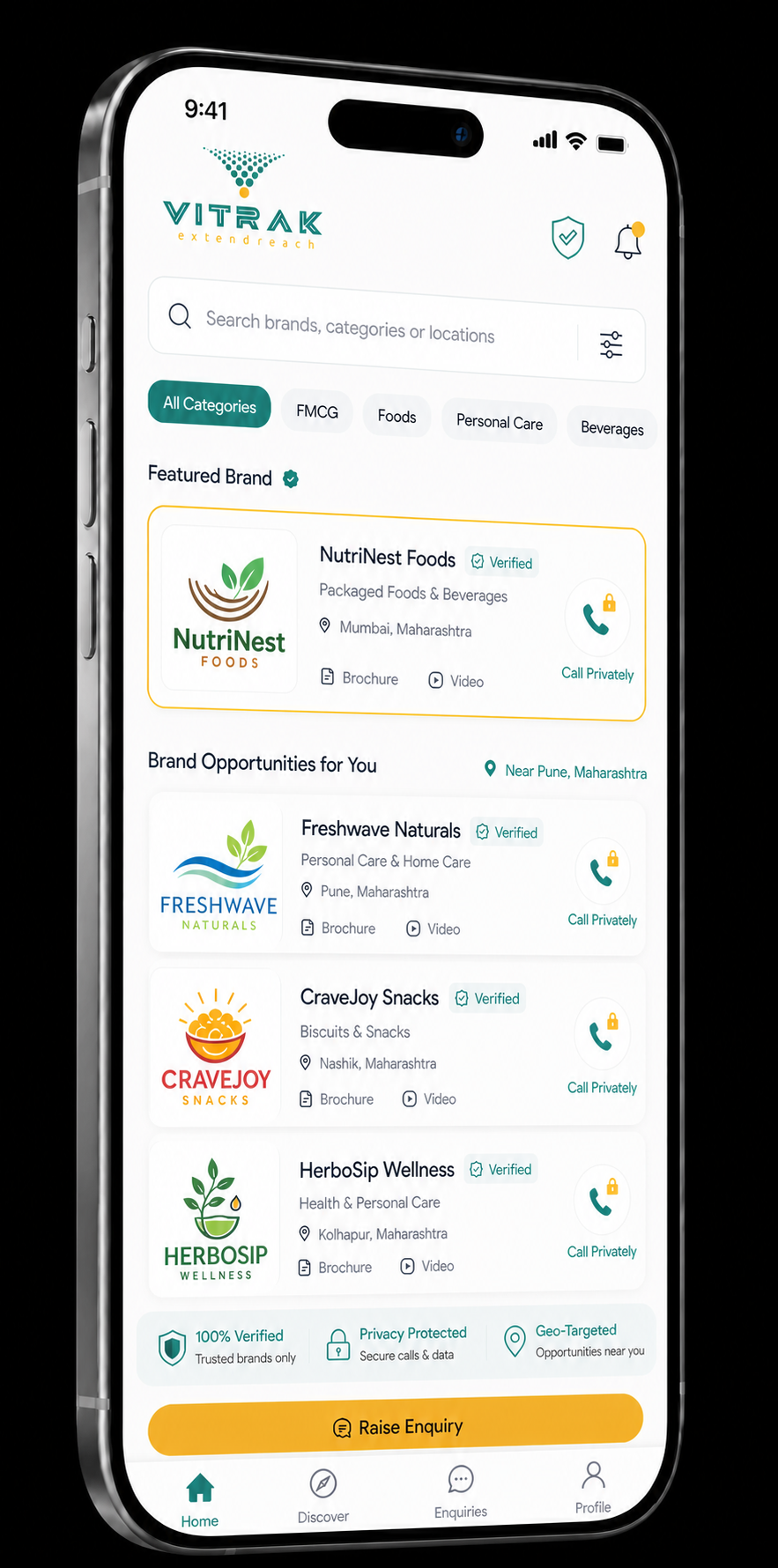 The Vitrak distributor app showing brand opportunities, brochures and a private call button.