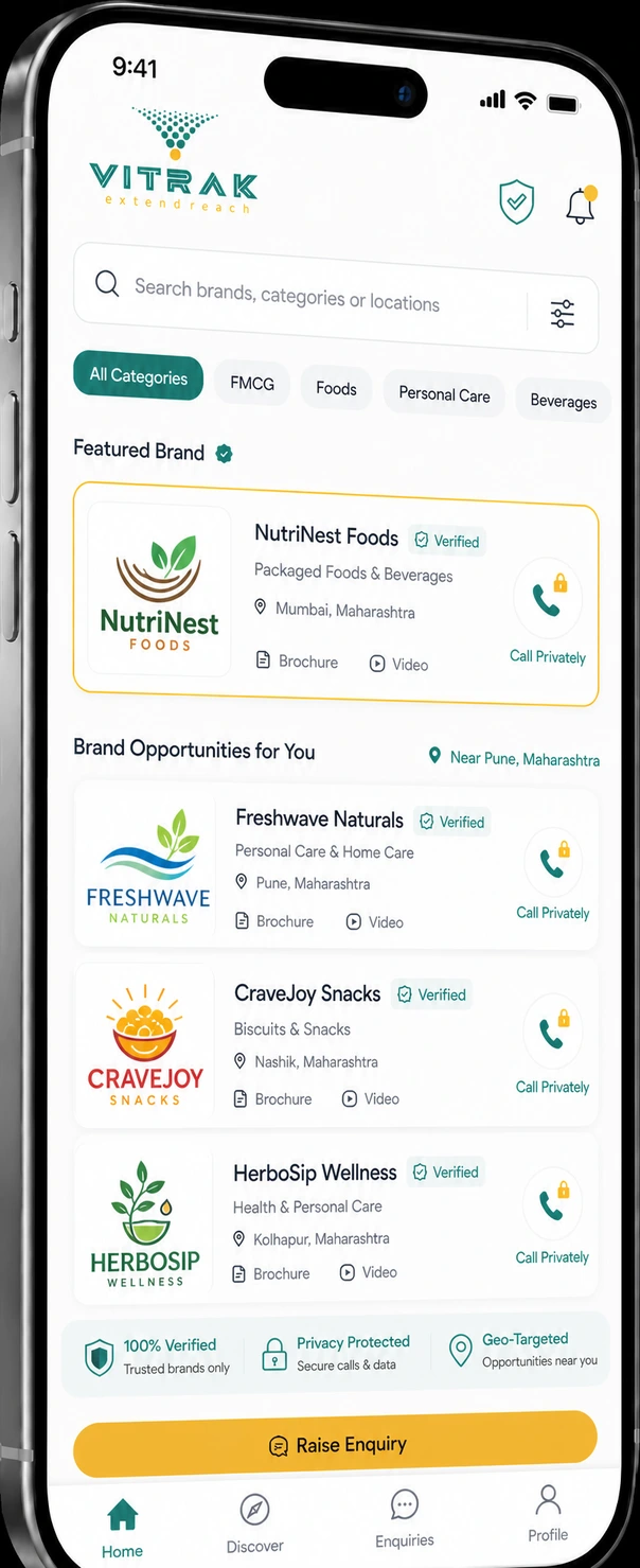 The Vitrak distributor app showing brand opportunities, brochures and a private call button.