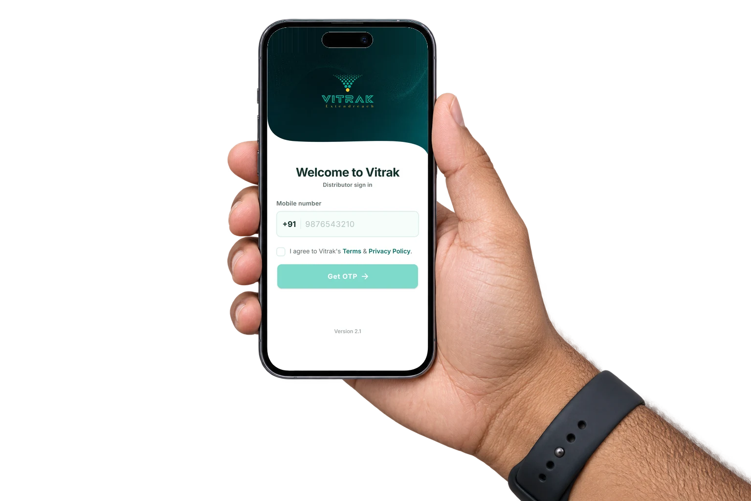 The Vitrak distributor app sign-in screen: enter your mobile number to receive a one-time password.