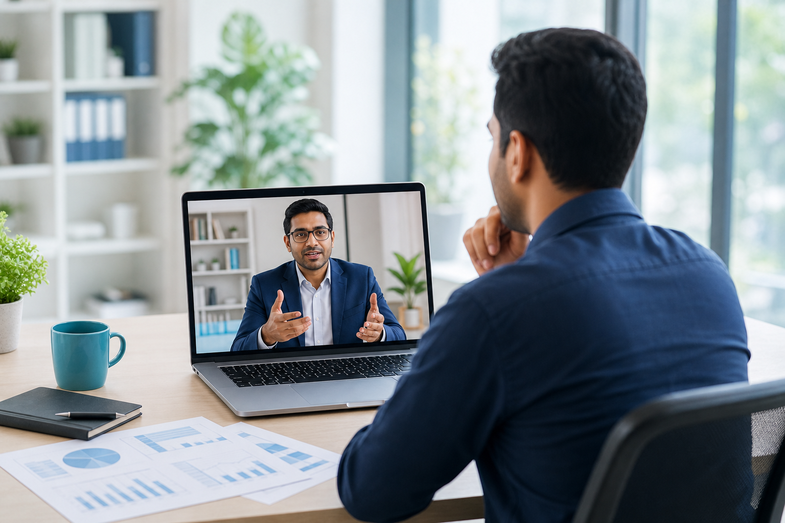 An Indian business owner speaking with a consultant over a video call