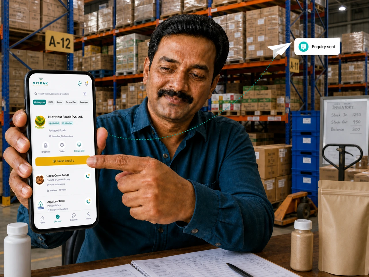 A FMCG distributor raising an enquiry from the Vitrak mobile app.